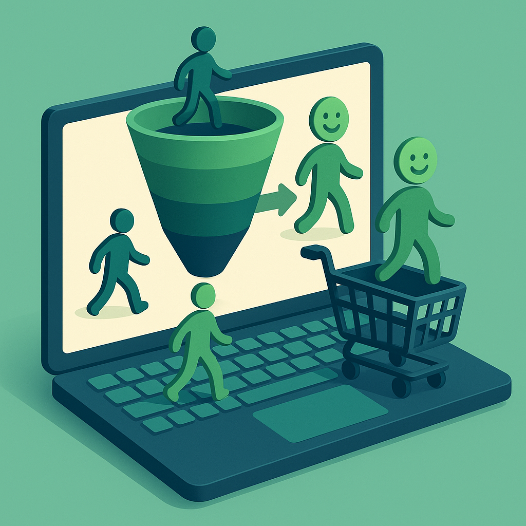 3D funnel and shopping cart showing CRO through guest posts