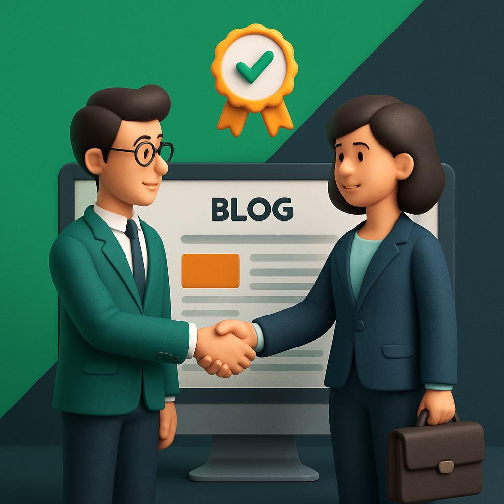 3D professionals shaking hands with guest posting expertise certificate