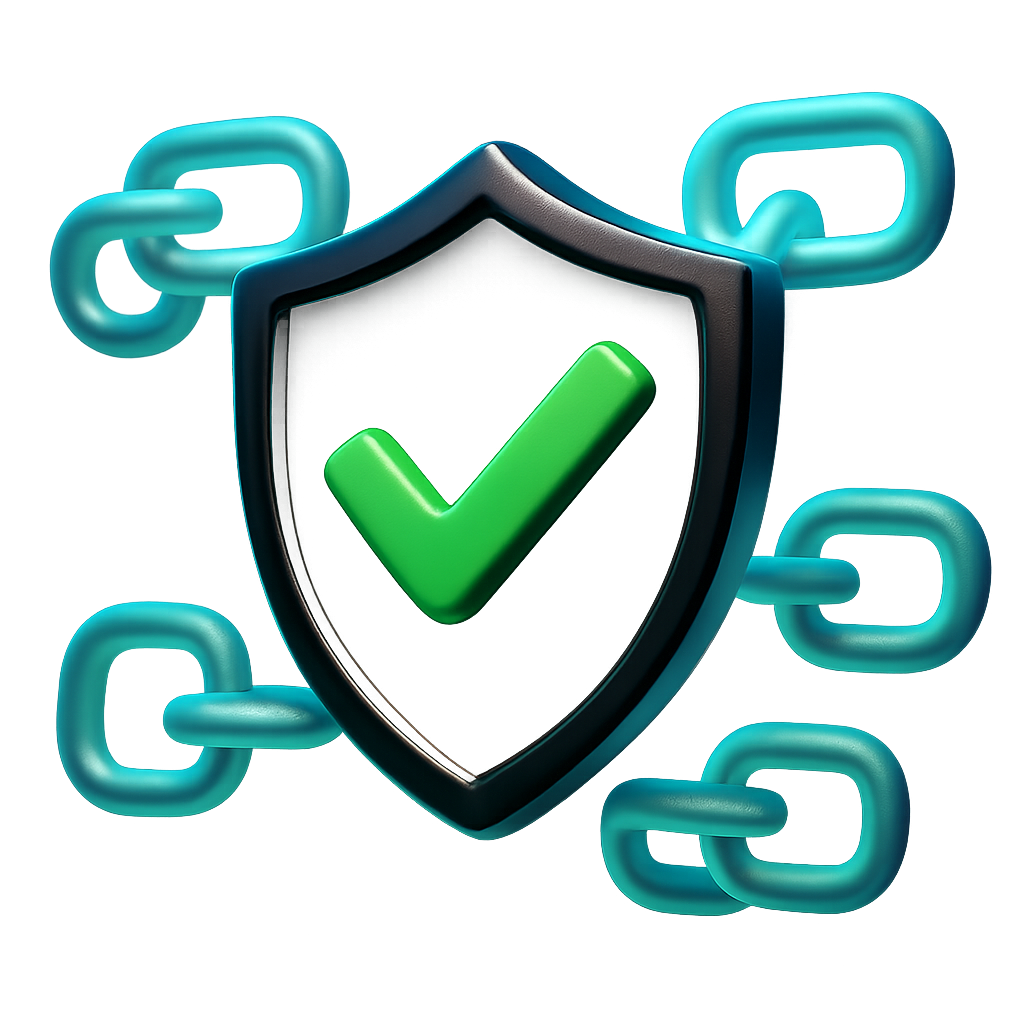 3D shield with a green checkmark, surrounded by glowing backlinks. Symbolizing safety and reliability. Gradient lighting, aspect ratio 1:1.