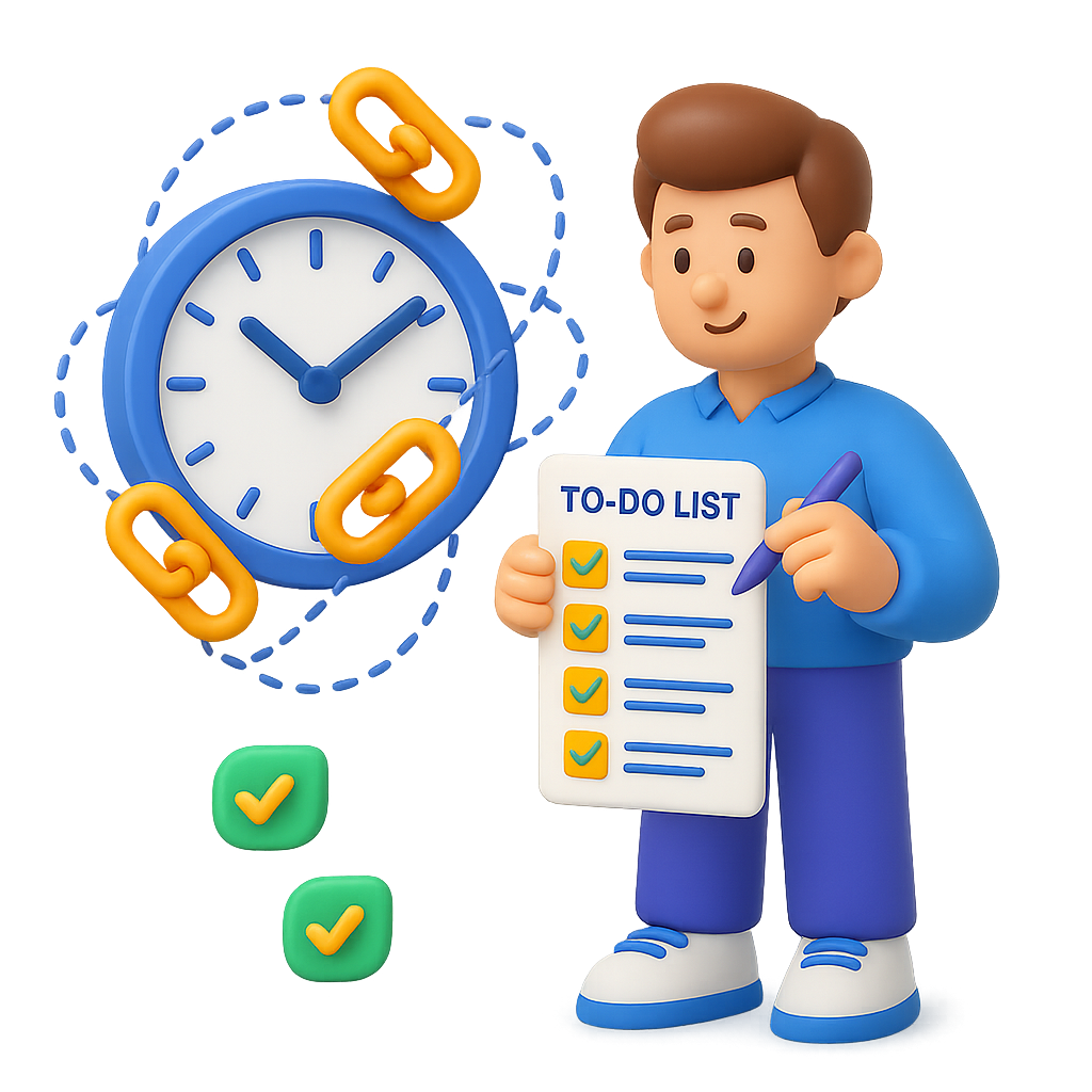 3D clock with backlinks orbiting around it.