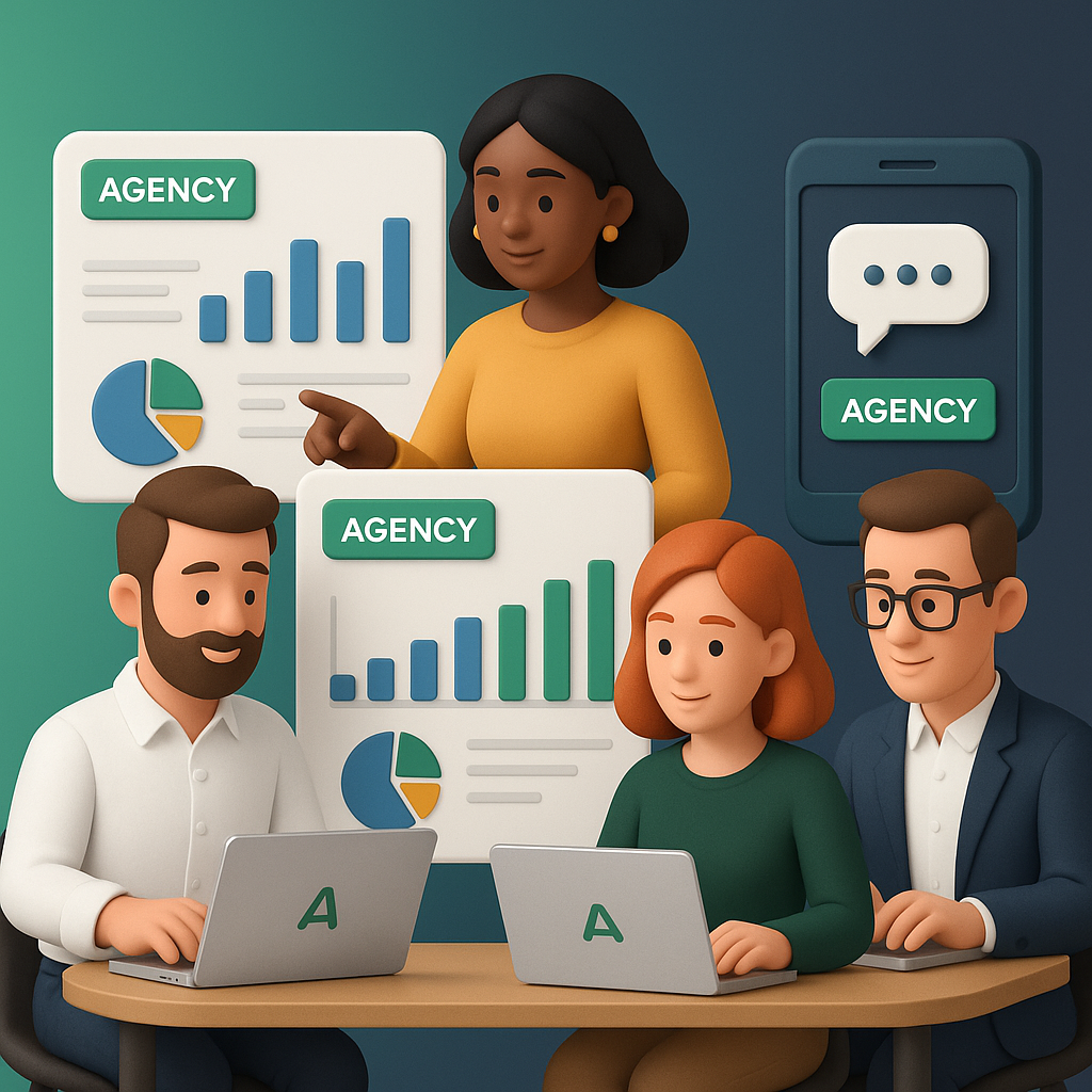 3D team of marketers working together on laptops, dashboards, and outreach tools. Agency branding visible on screens. Smooth gradient background in #10B880 and #30424D. Professional 3D style, aspect ratio 4:3.