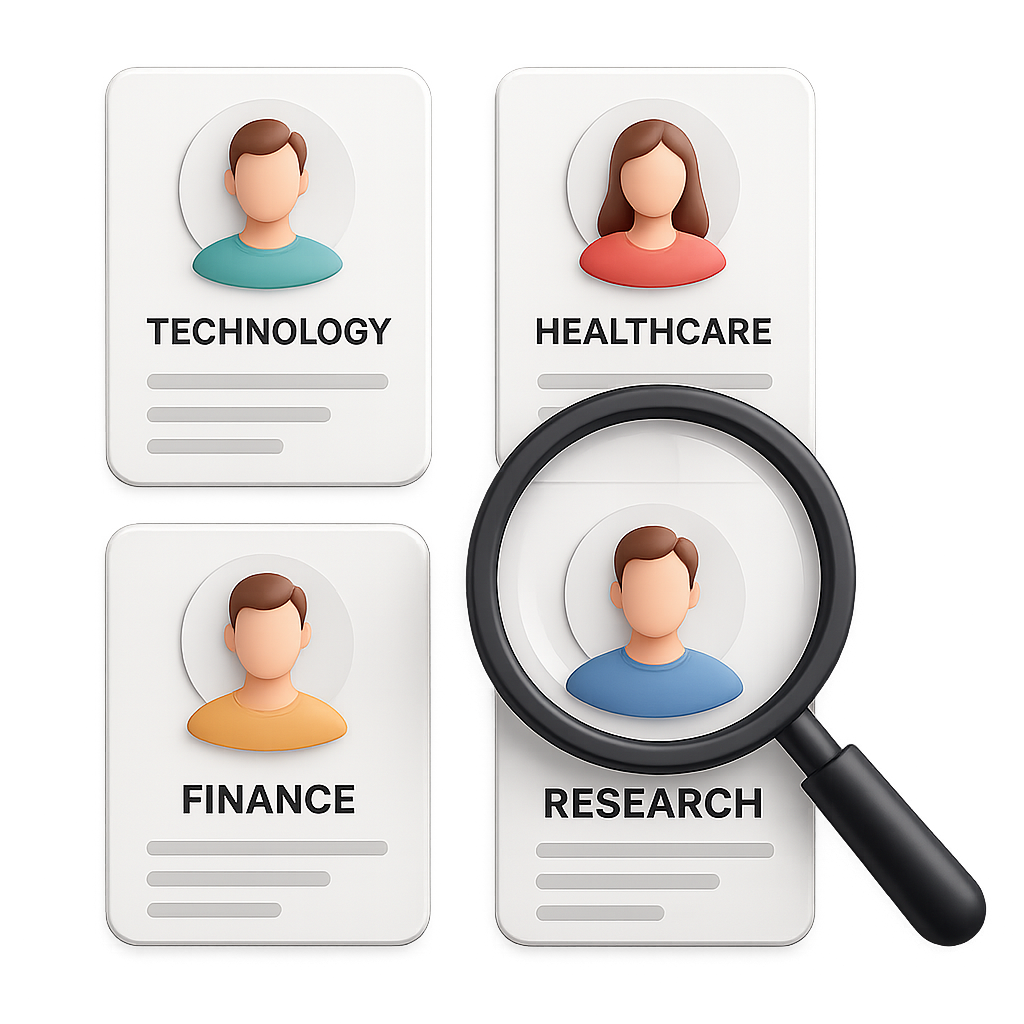 3D magnifying glass over client profiles and industries, representing research. Clean, professional, aspect ratio 1:1.