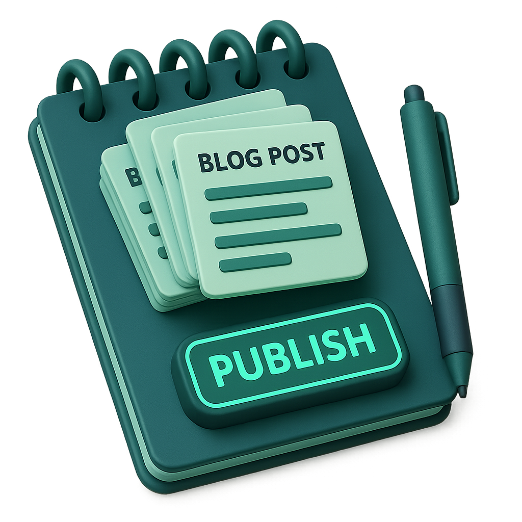 3D article sheet being placed into a blog window, showing outreach and publishing. Backlink chain icon floating above