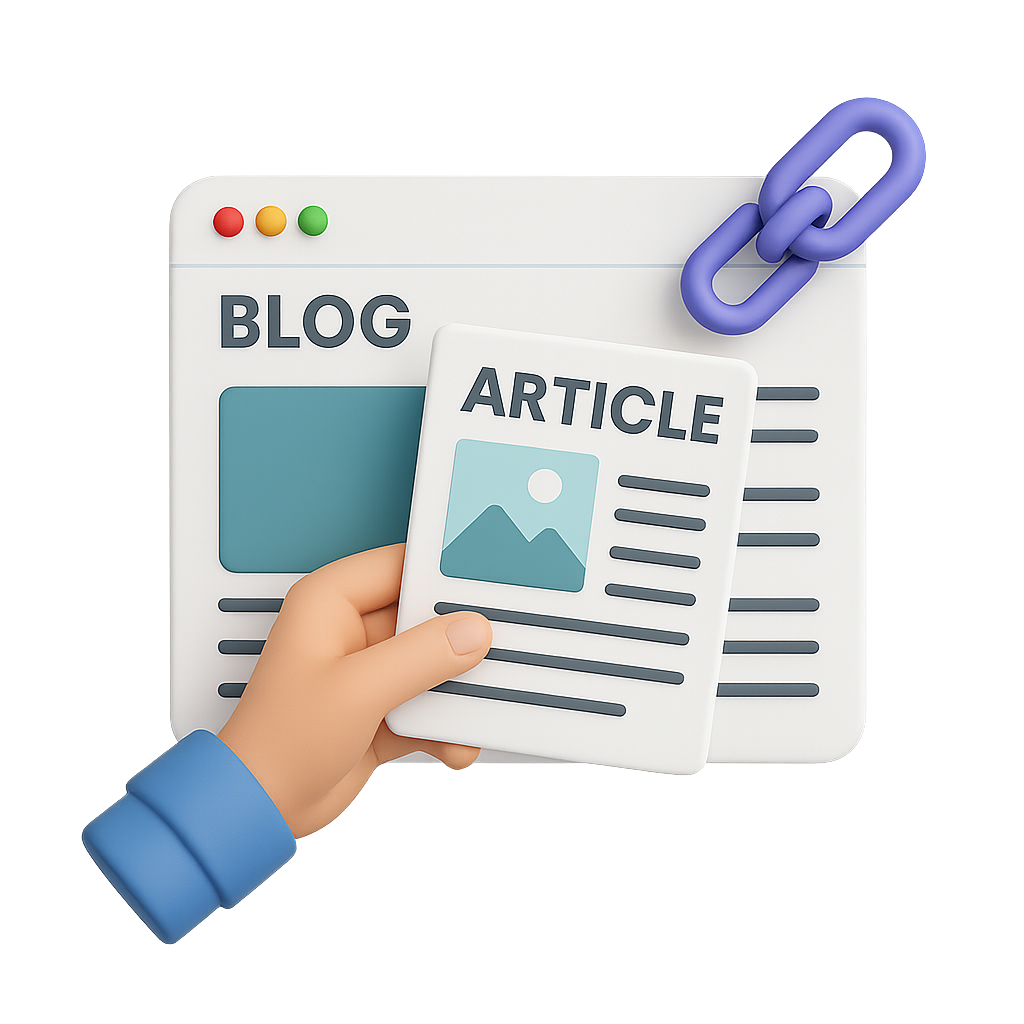 3D illustration of a notepad and pen with blog posts represented as small stacked cards