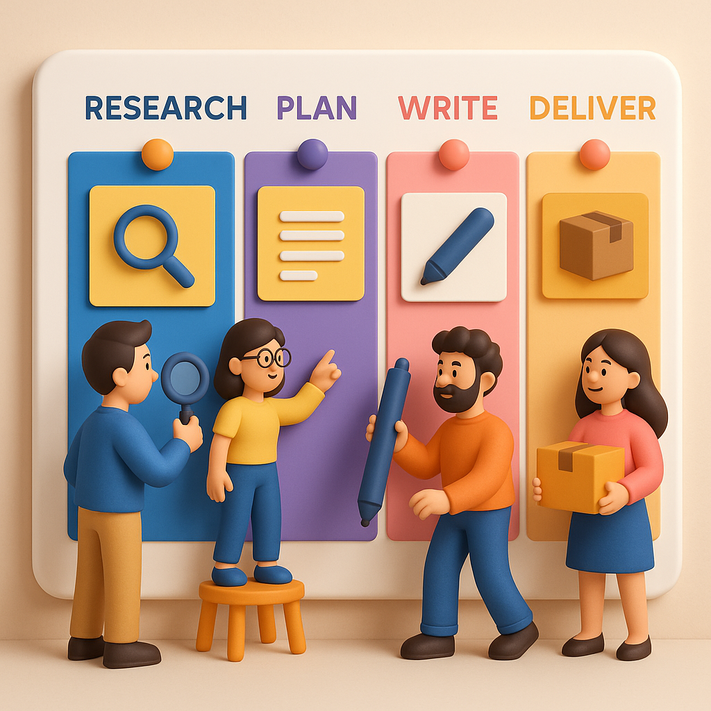 3D illustration of a workflow board with 4 steps: Research, Plan, Write, Deliver