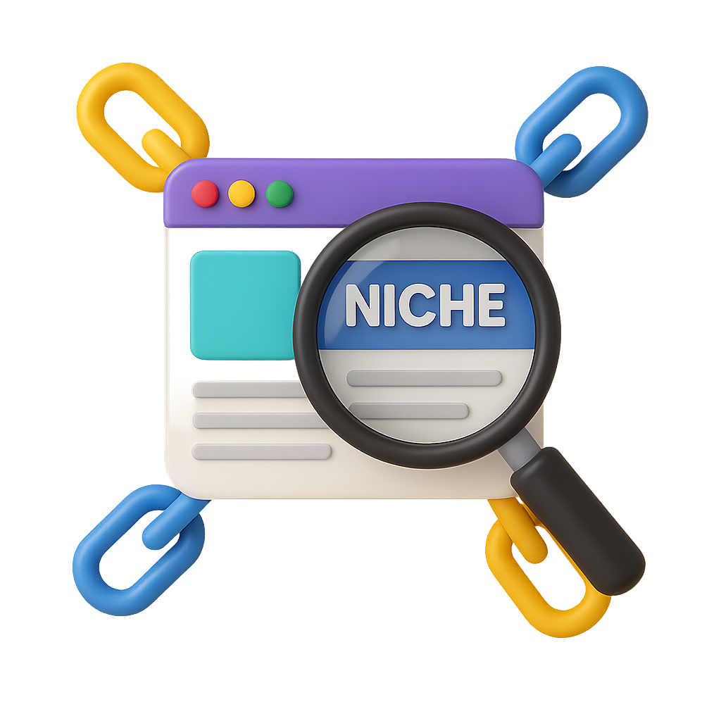 3D magnifying glass focusing on niche websites with link chains.