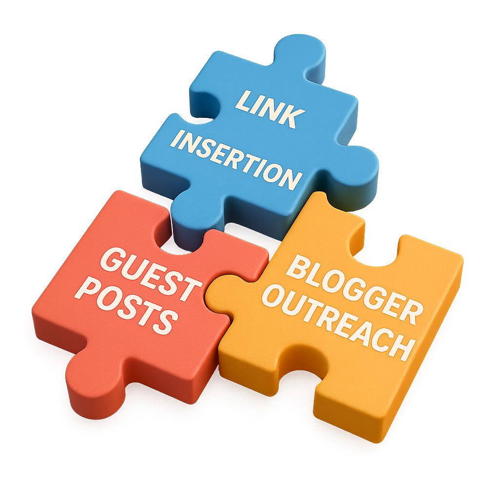 3D puzzle pieces labeled guest posts, link insertion, blogger outreach.