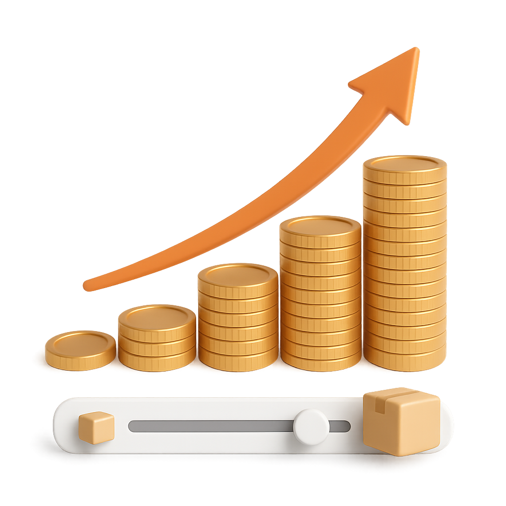 3D stack of coins with growth chart and budget slider.