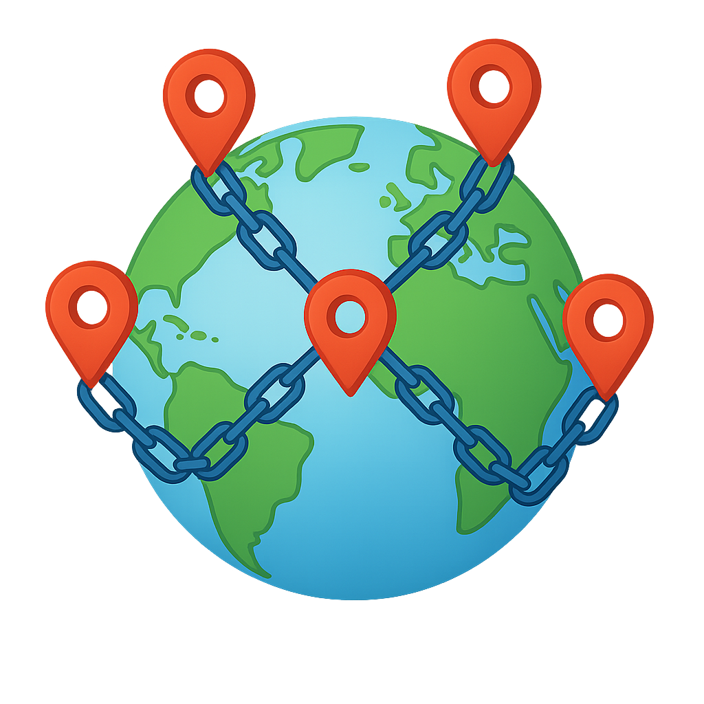 3D globe with location pins connected by backlink chains.