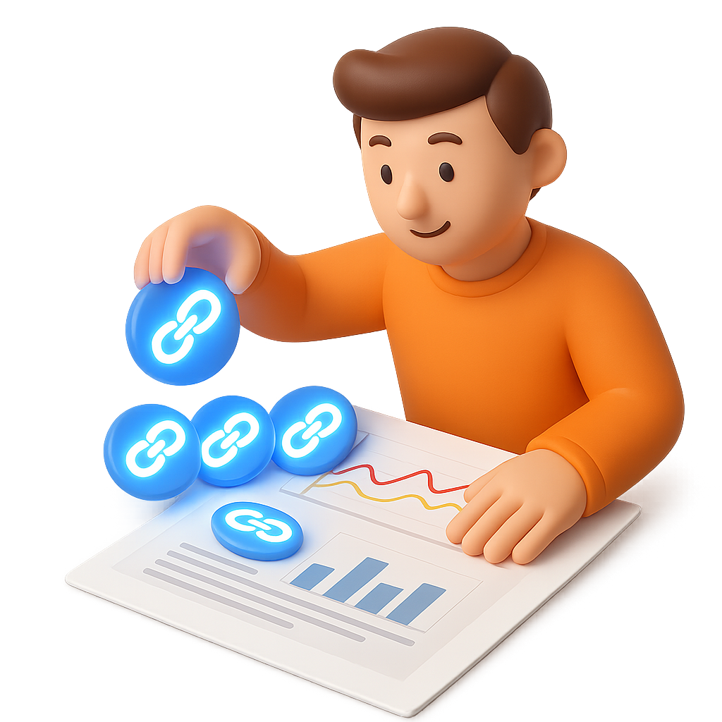 3D marketer placing backlink icons into a report with growth charts.