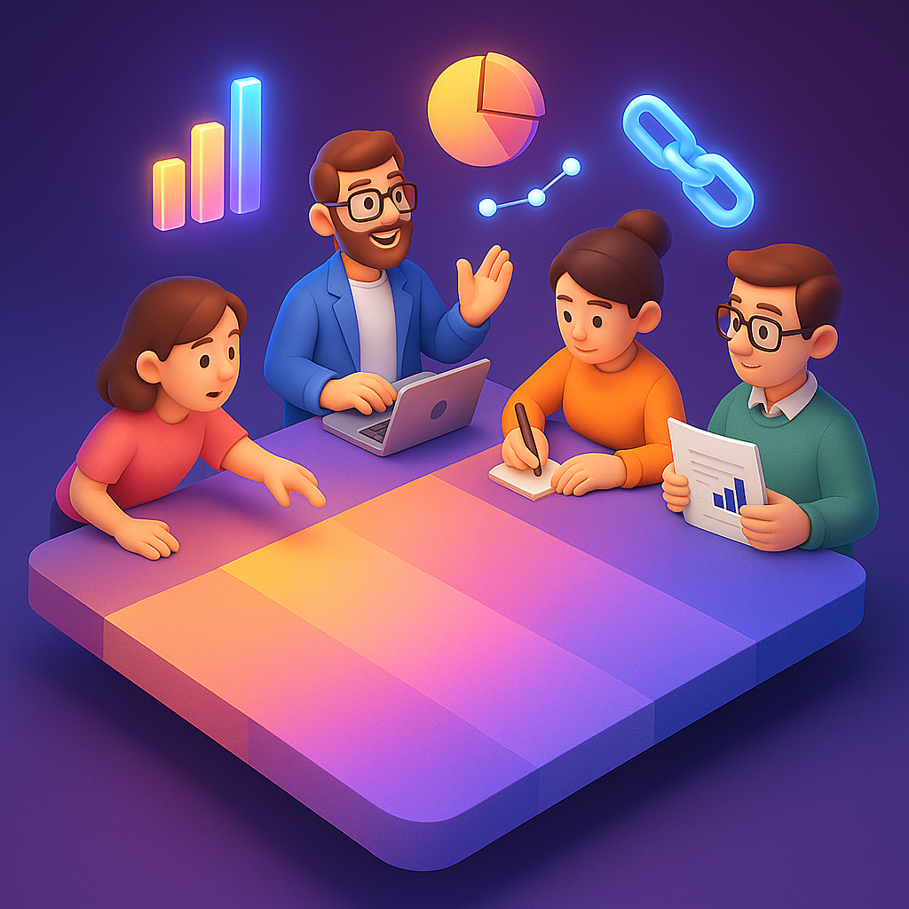 3D workflow board showing discovery, planning, execution, reporting steps.